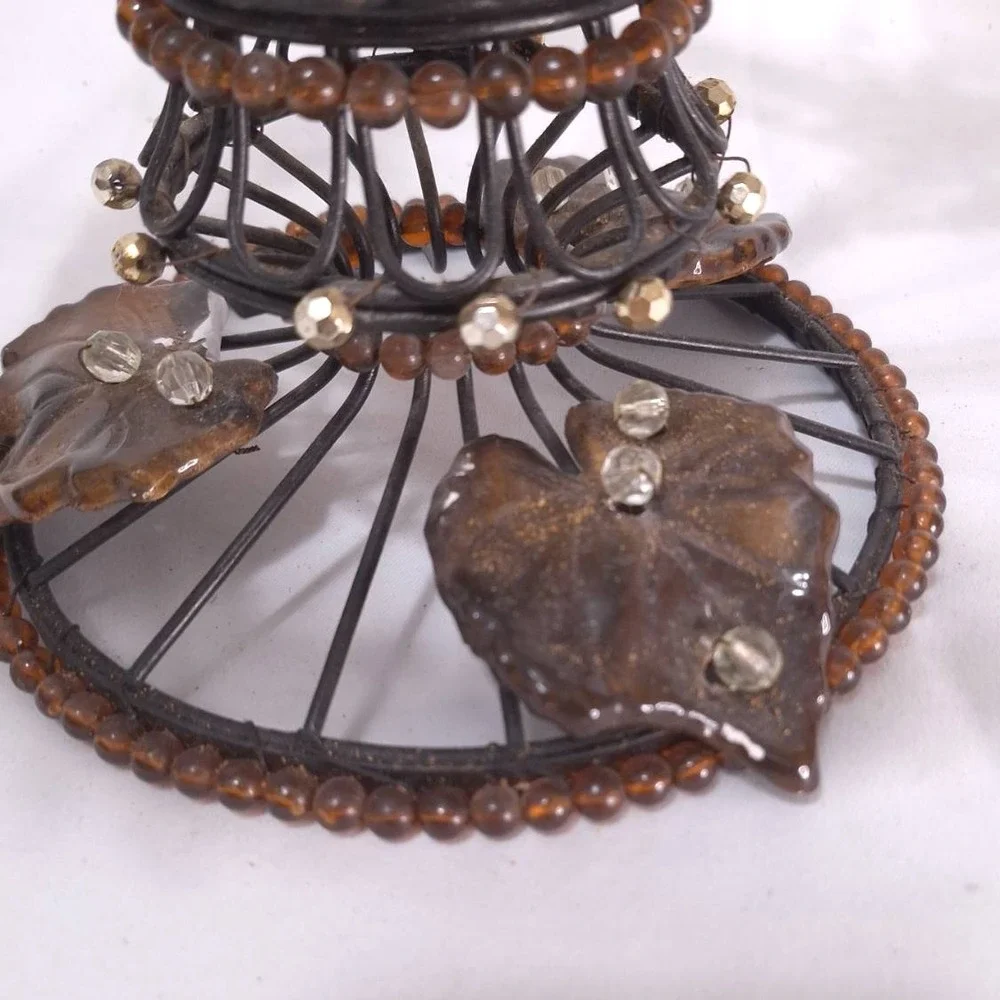 Vtg Metal Wire Beaded Basket w/ Ceramic Leaves‎ Rustic Deco Centerpiece 12.5